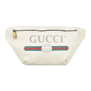 【GUCCI 古馳】GUCCI印花LOGO綠紅綠條紋牛皮拉鍊胸掛/腰包(展示品/米白)