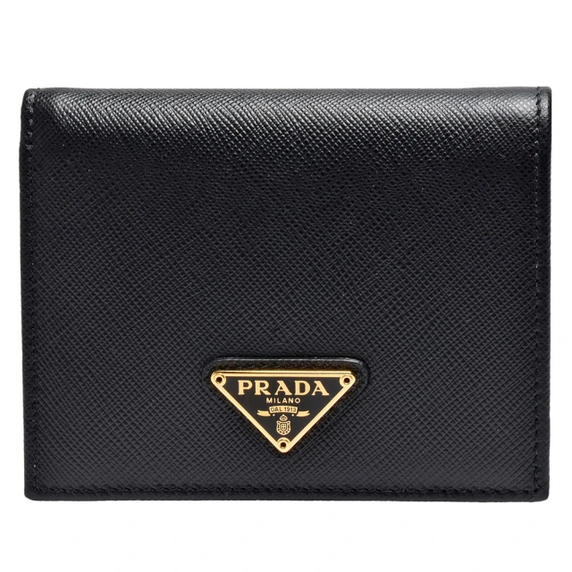 PRADA 普拉達PRADA 普拉達 SAFFIANO TRIANG系列金色三角LOGO防刮牛皮暗釦短夾(黑1MV204-SAFFIANO TRIANG-NERO)