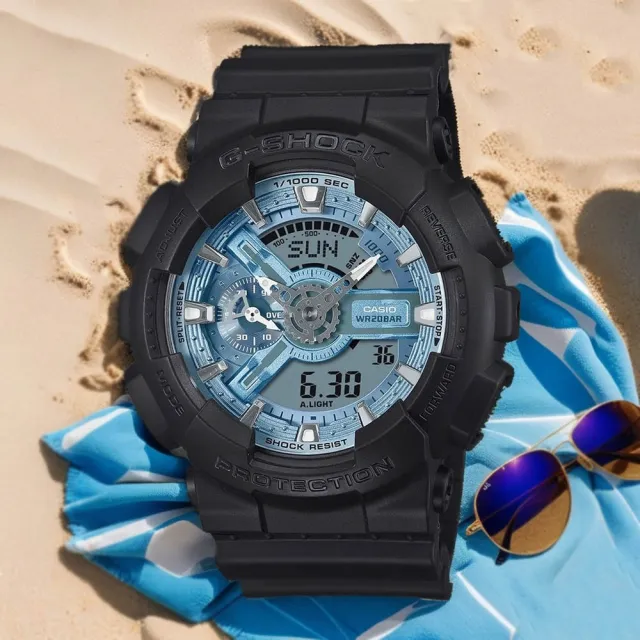 【CASIO 卡西歐】G-SHOCK 冰藍色雙顯運動手錶(GA-110CD-1A2)