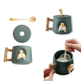 【可愛柴柴】柴犬造型馬克杯-附蓋勺(狗狗 木柄 療癒 陶瓷杯 茶水杯 咖啡杯 牛奶杯 辦公室 交換禮物)