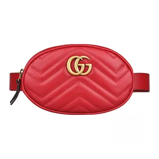 【GUCCI 古馳】GUCCI Marmont復古金字雙G LOGO山型絎縫造型牛皮拉鍊胸腰包(紅)