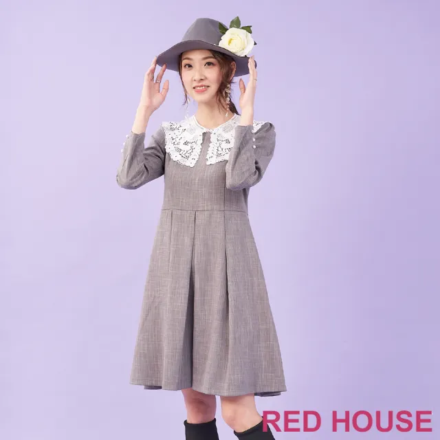 【RED HOUSE 蕾赫斯】法式素雅蕾絲領洋裝(灰色)