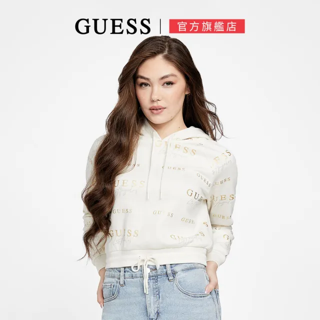 【GUESS】滿版LOGO抽繩短版帽T(兩色可選)