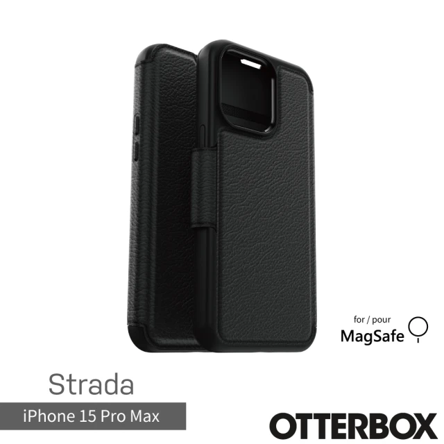 OtterBox iPhone 15 Pro Max 6.7吋 Strada 步道者系列真皮掀蓋保護殼-黑(支援MagSafe)