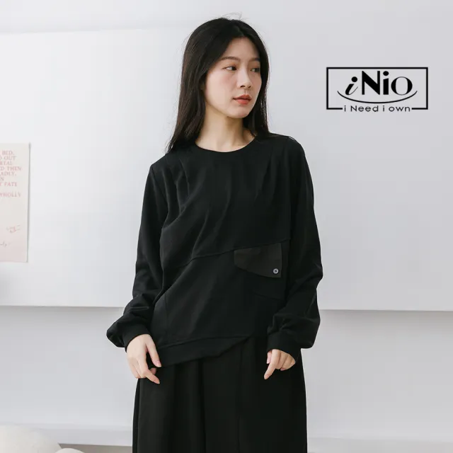 【iNio 衣著美學】長袖上衣 冬新品 現貨 拼接風 不規則下襬 棉質 長袖棉T(CCW1647)