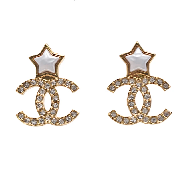 CHANEL 香奈兒CHANEL 香奈兒 經典珍珠貝星星水鑽雙C LOGO造型穿式耳環(金色ABC824-OR)
