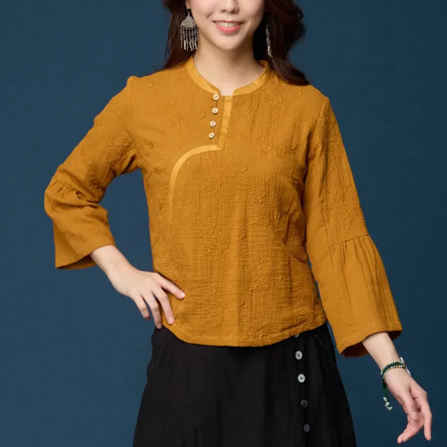 【古典美】38013刺繡斜襟公主袖上衣(茶禪服/中國風/國服/漢服/手染服/棉麻/亞麻/天然纖維)