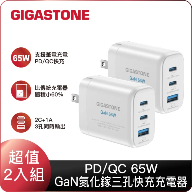 GIGASTONE 立達 （雙入組）65W GaN氮化鎵三孔USB-C快充充電器PD-7653(支援iPhone15/iPad/MacBook筆電)