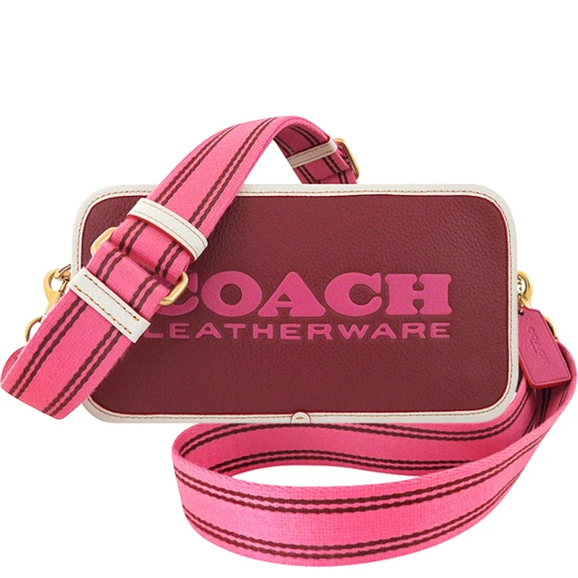 COACHCOACH 專櫃款荔枝紋皮革撞色斜背相機包-櫻桃紅色(買就送璀璨水晶觸控筆)