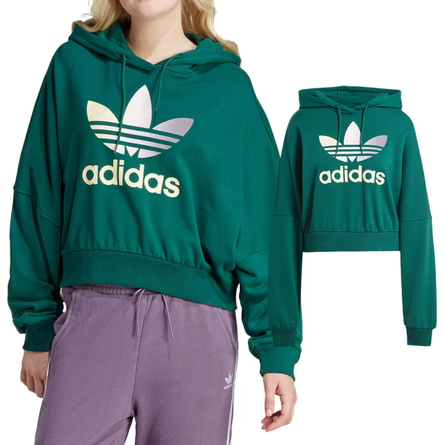 adidas 愛迪達 Gradient Hoodie女款 綠色 經典 三葉草 休閒 寬鬆 上衣 短版 連帽 長袖 IR6043