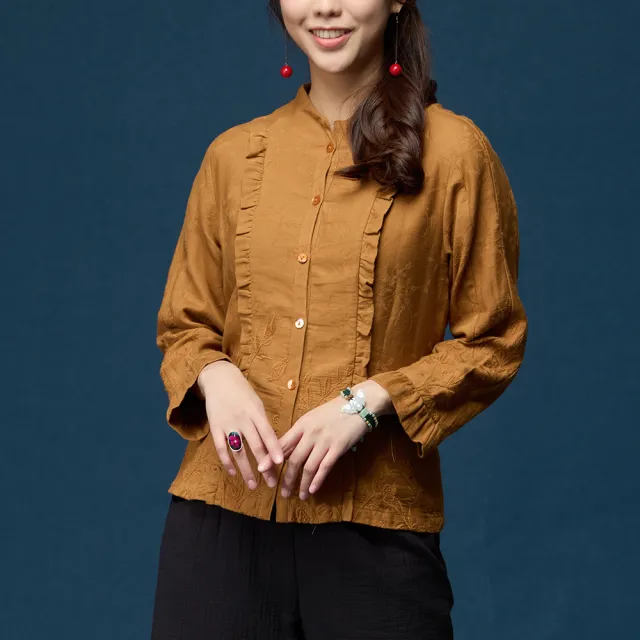 【古典美】38024刺繡荷葉邊上衣(茶禪服/中國風/國服/漢服/手染服/棉麻/亞麻/天然纖維)