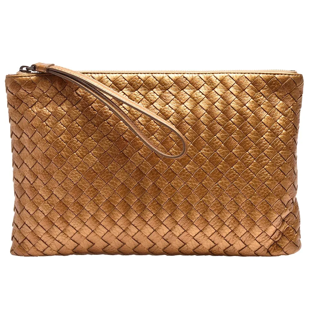 【BOTTEGA VENETA 寶緹嘉】經典編織羊皮拉鍊掛腕/手拿包(小-金256408-GOLD)