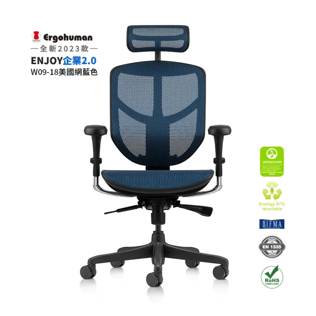 【ERGOHUMAN】ENJOY企業2.0 腰枕彈力可調 舒適再升級 W0918藍 黑腳(人體工學椅 辦公椅 全網椅 美國網)