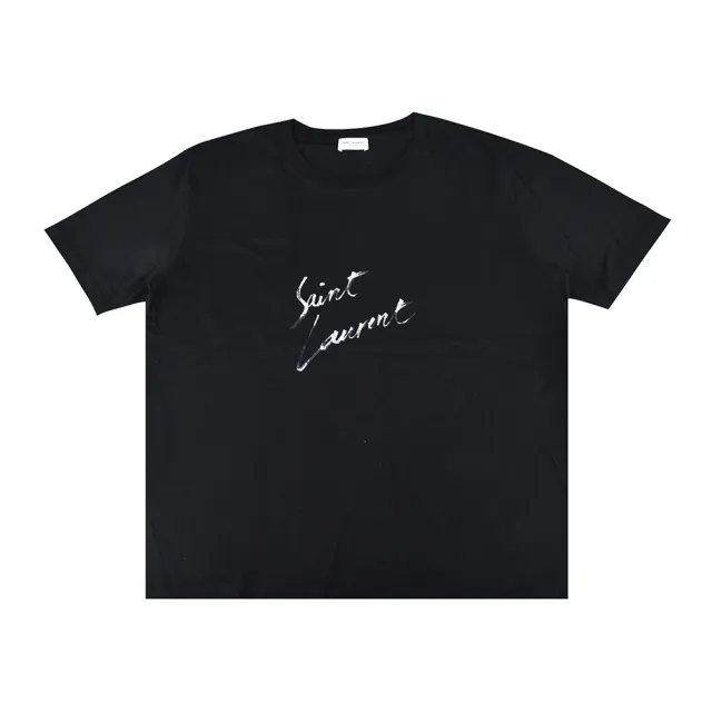 【YSL】YSL SAINT LAURENT草寫白字LOGO休閒純棉短袖圓領T恤(女款/黑)