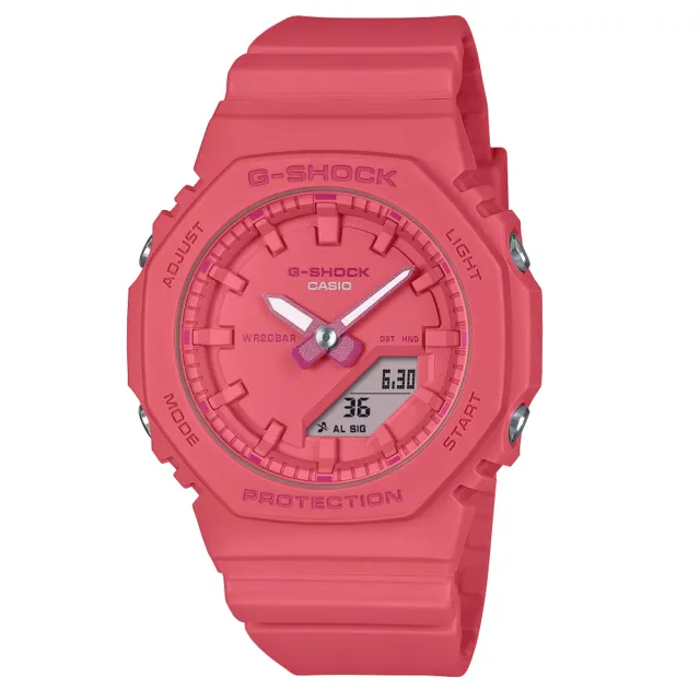 【CASIO 卡西歐】G-SHOCK x ITZY 迷你版農家橡樹 纖薄八角形雙顯錶-亮粉(GMA-P2100-4A 防水200米)