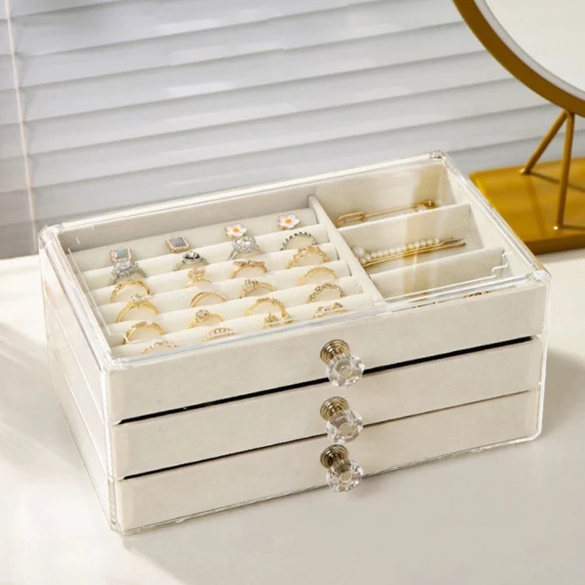 野思 米白色 高質感三層抽屜式首飾盒 珠寶盒(飾品收納 耳環收納)