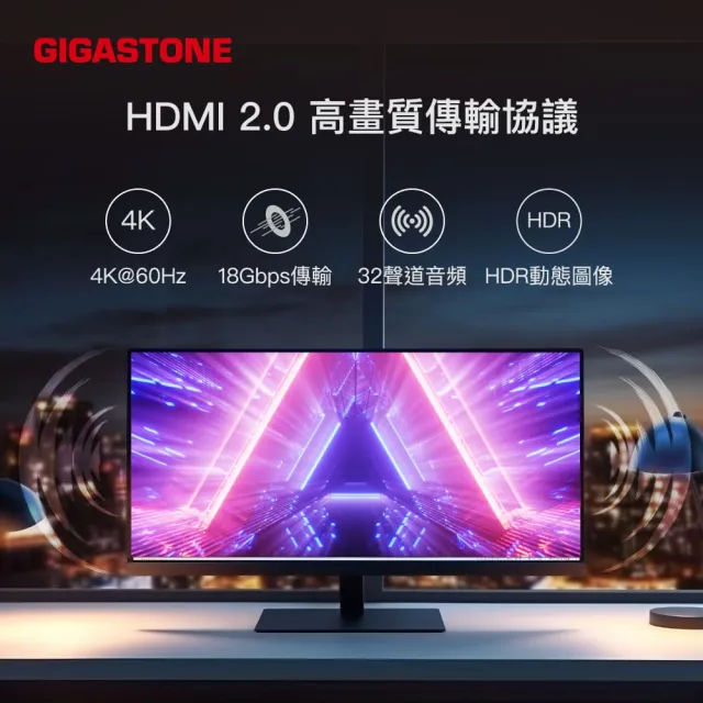 【GIGASTONE 立達】HDMI 2.0 4K 60Hz螢幕影像傳輸線-雙入組(HDR動態圖像/兼容性高/18Gbps/零延遲)