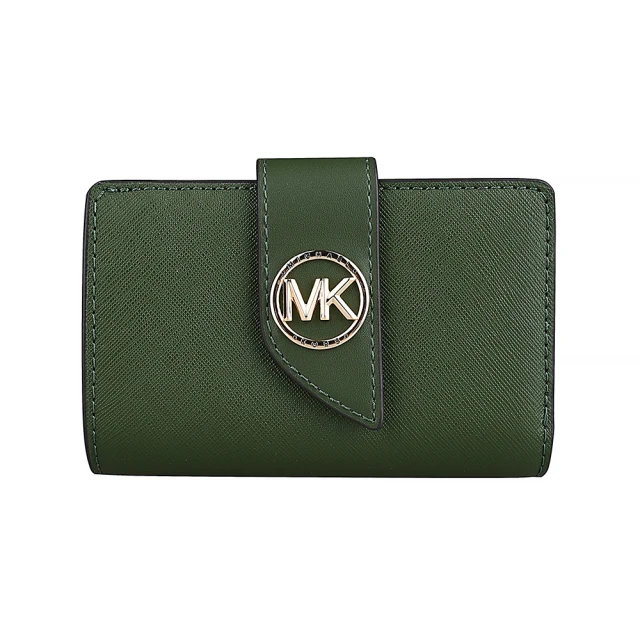 Michael Kors Greenwich經典金色金屬圓標LOGO防刮牛皮扣式中夾(叢林綠)