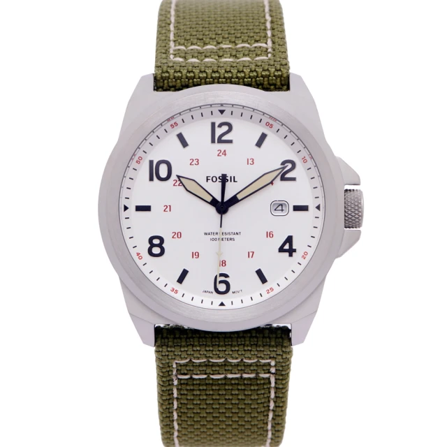 FOSSILFOSSIL 復古簡約帆布與皮革材質錶帶手錶-銀色面x綠色/40mm(FS5918)