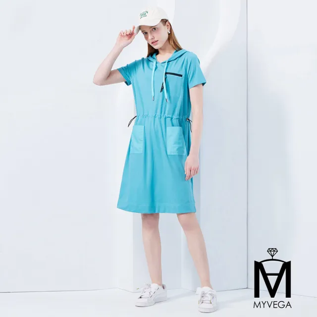 【MYVEGA 麥雪爾】MA涼爽腰抽繩連帽短袖短洋裝-藍綠(2024春夏新品)