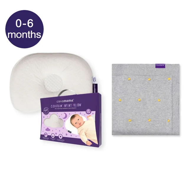 【ClevaMama】龍寶歐歐睏 防扁頭嬰兒枕0-6個月+澎澎針織毯/被毯/蓋毯 80x100cm