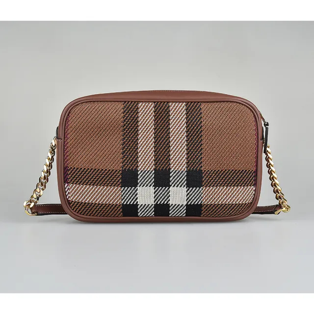 【BURBERRY 巴寶莉】BURBERRY LORA TB金字LOGO針織帆布拉鍊斜背包(小/樺木棕)