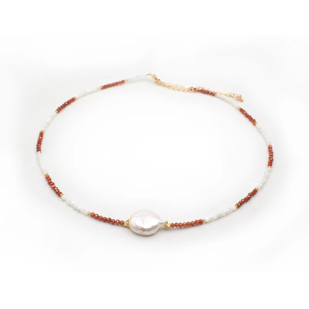 【鑫運來】◎紅瑪瑙貝殼變形珍珠項鍊(P19)