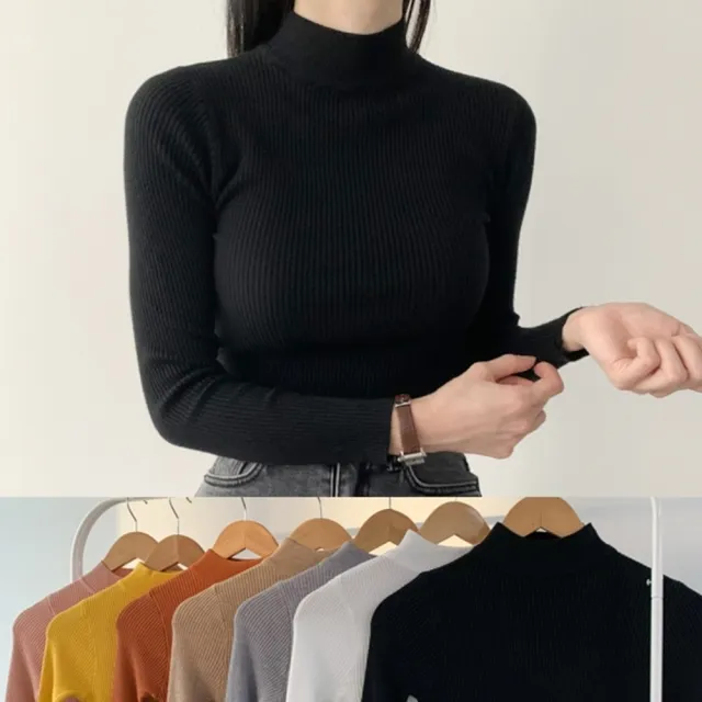 【baibeauty 白鳥麗子】經典純色素面羅紋高領長袖上衣(針織衫)