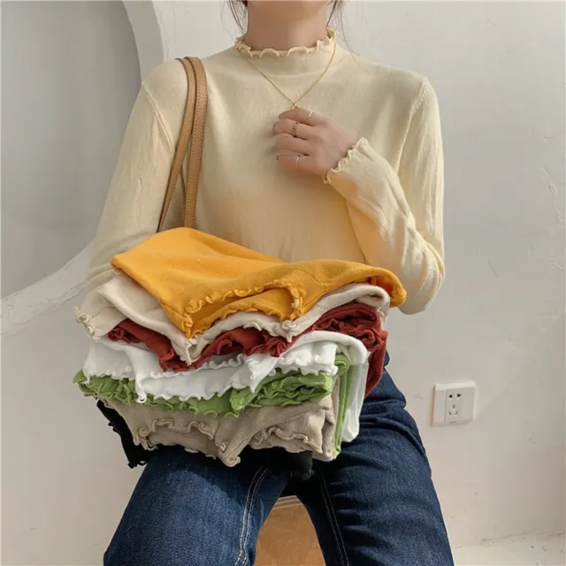 【baibeauty 白鳥麗子】溫柔素面荷葉邊微高領長袖上衣(內搭衣)