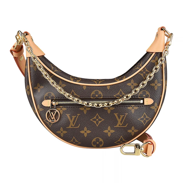 Louis Vuitton 路易威登 LV M81098 Loop花紋LOGO雙背帶設計Monogram帆布鍊帶手提斜背彎月包(咖啡)