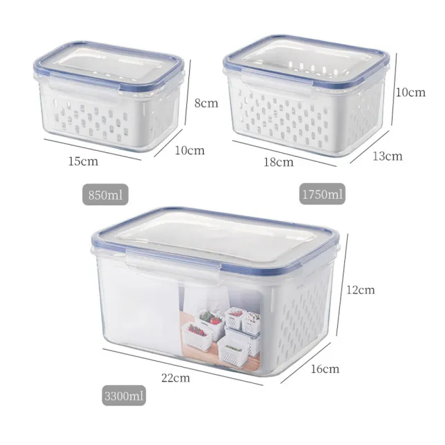 【SUNORO】3入組卡扣式密封瀝水保鮮盒(食物儲存盒/PP耐熱保鮮盒/收納盒)