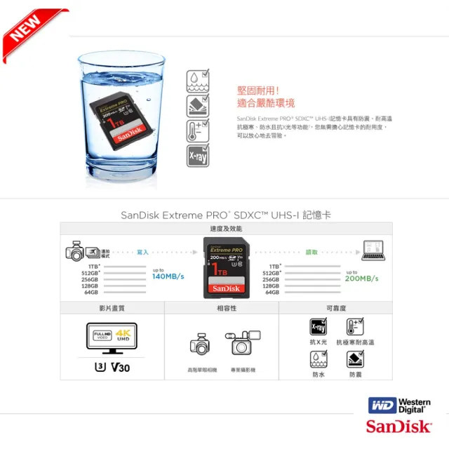 【SanDisk 晟碟】[全新版 再升級] 256GB Extreme PRO SDXC V30  記憶卡 200MB/s(專業攝影 原廠永久保固)