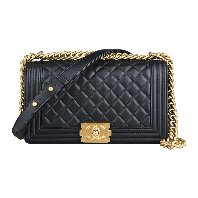 CHANEL 香奈兒 CHANEL BOY仿舊雙C LOGO絎縫菱格紋小羊皮扣式鏈帶斜背包(黑)