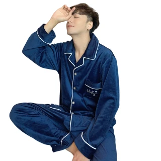 【I-meteor】大尺碼-男款海島絨滾邊襯衫式長袖二件式睡衣組 家居男睡衣(PA4365-極夜藍)