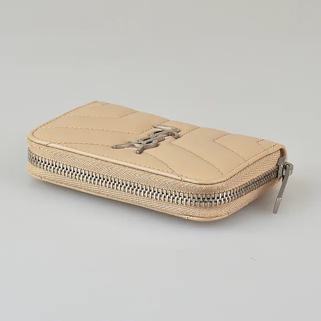 【YSL】YSL SAINT LAURENT LOULOU銀字LOGO Y字紋牛皮拉鍊零錢包(展示品/深米)