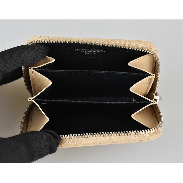 【YSL】YSL SAINT LAURENT LOULOU銀字LOGO Y字紋牛皮拉鍊零錢包(展示品/深米)