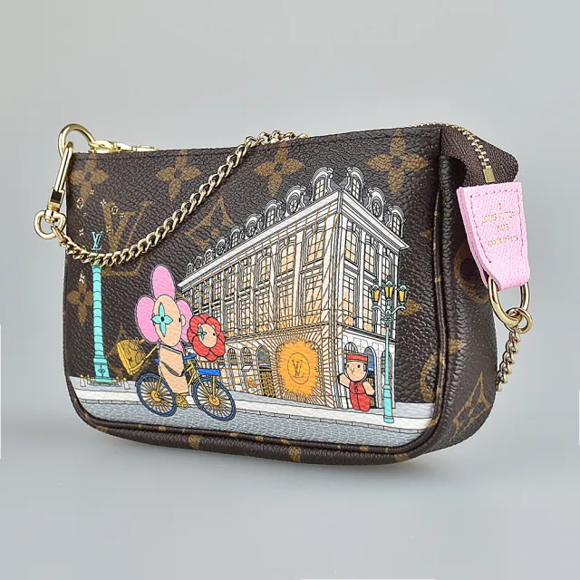 【Louis Vuitton 路易威登】LV M81760限量款經典LOGO吉祥物帆布拉鍊鏈袋手提肩背包(咖啡x巴黎凡登廣場)