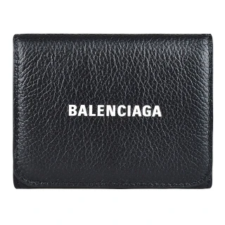 【Balenciaga 巴黎世家】Balenciaga CASH字母LOGO牛皮3卡釦式三折短夾(黑)