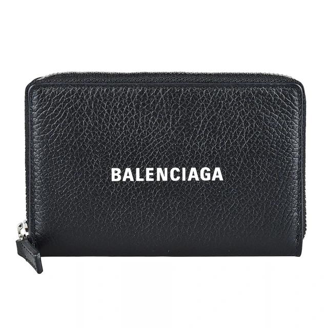 【Balenciaga 巴黎世家】Balenciaga CASH字母LOGO牛皮3卡拉鍊零錢包(黑)