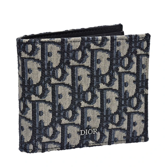 Dior 迪奧 經典Oblique提花帆布內襯裡小牛皮摺疊零錢袋短夾(藍2OBBC027YSE_H05E)