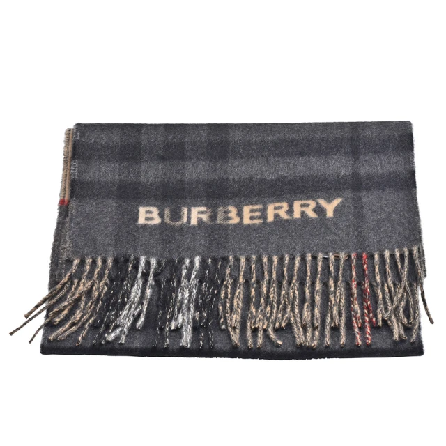 BURBERRY 巴寶莉 經典雙色格紋喀什米爾羊毛流蘇圍巾(灰/駝色8045171)