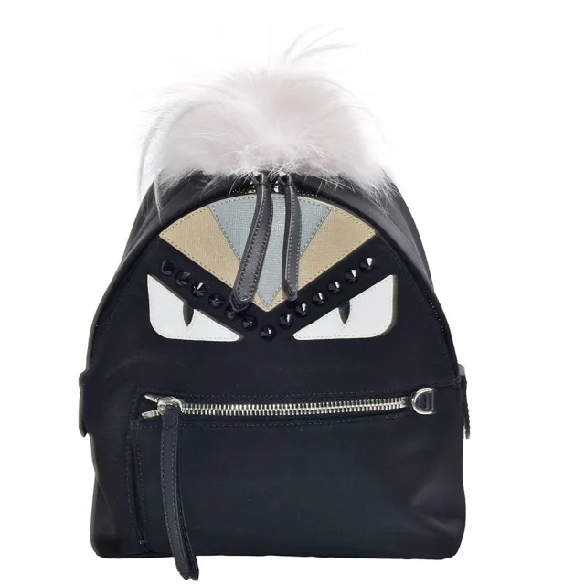 【FENDI 芬迪】經典BUGS系列尼龍毛怪造型鉚釘飾邊後背包(黑-迷你8BZ038-A0Y7-F10Y3)