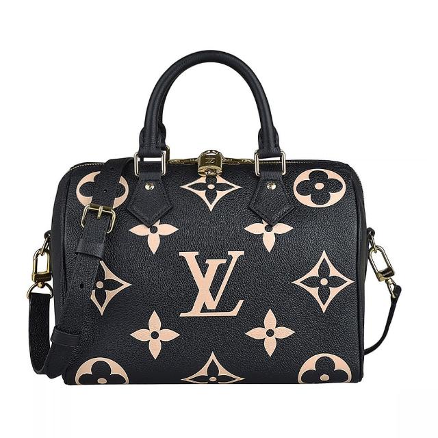 LV LOUIS VUITTON 路易威登 M58947 Speedy 粉膚花紋 LOGO 牛皮拉鍊手提斜背波士頓包，黑色系設計，適合女性日常使用。外層為高品質牛皮，內層為微纖維材質，搭配原廠防塵袋。尺寸為25x14x18.5cm，提把高度24cm，背帶長度105~111cm（可微調）。為兩用包設計，開口方式為拉鍊式，無外部與內部夾層，無底珠，不適合放入A4檔案。此款為Monogram Empreinte牛皮製品，產地依產品本身，為經典時尚配件。