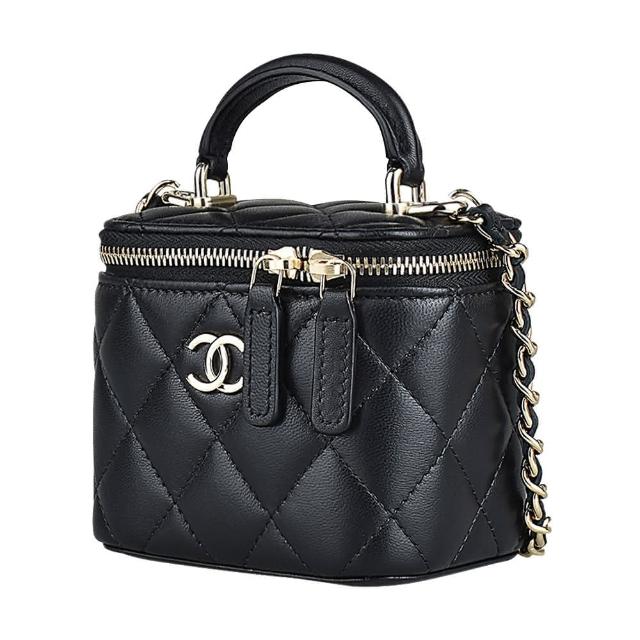 【CHANEL 香奈兒】CHANEL金字經典雙C LOGO菱格紋搭配鏈袋設計拉鍊手提斜背化妝包(黑)