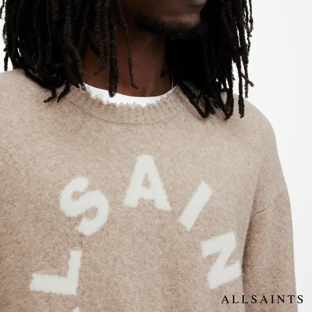 【ALLSAINTS】TIAGO 寬鬆仿舊羊毛LOGO不收邊針織上衣-淺棕色 MK011KA(舒適版型)