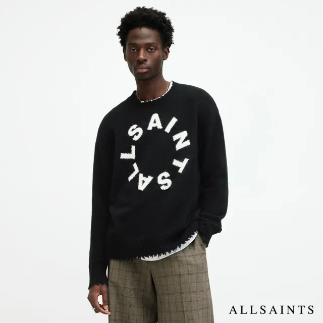 【ALLSAINTS】TIAGO 寬鬆仿舊羊毛LOGO不收邊針織上衣-黑 MK011KA(舒適版型)