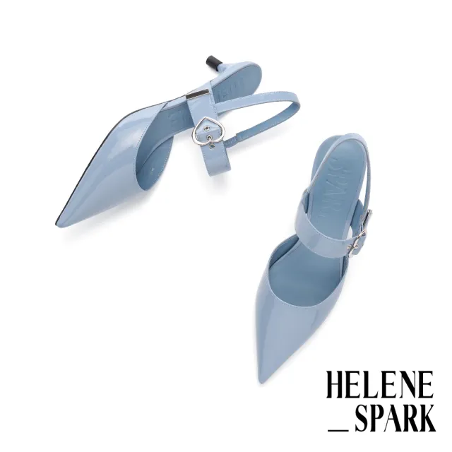 【HELENE_SPARK】時髦系縷愛心寬帶全真皮後繫帶高跟鞋(藍)