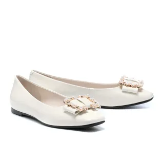 【AS 集團】優雅珍珠蝴蝶結全真皮方頭娃娃平底鞋(米白)