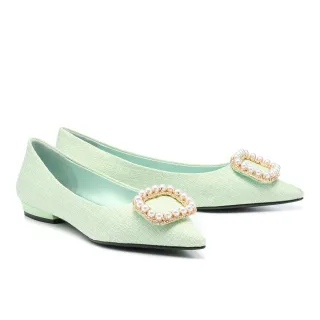 【AS 集團】高雅氣質珍珠方釦毛呢布尖頭低跟鞋(綠)