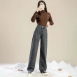 【D.studio】韓版內刷毛顯瘦高腰牛仔寬褲(牛仔褲褲子長褲女裝高腰褲拖地褲直筒褲黑褲發熱褲 保暖褲 P97)